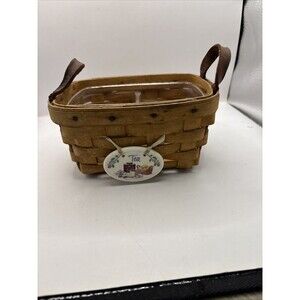 LONGABERGER 1998 TEA BASKET  LEATHER HANDLES CLASSIC DIVIDED TRAY INSERT TIE TAG